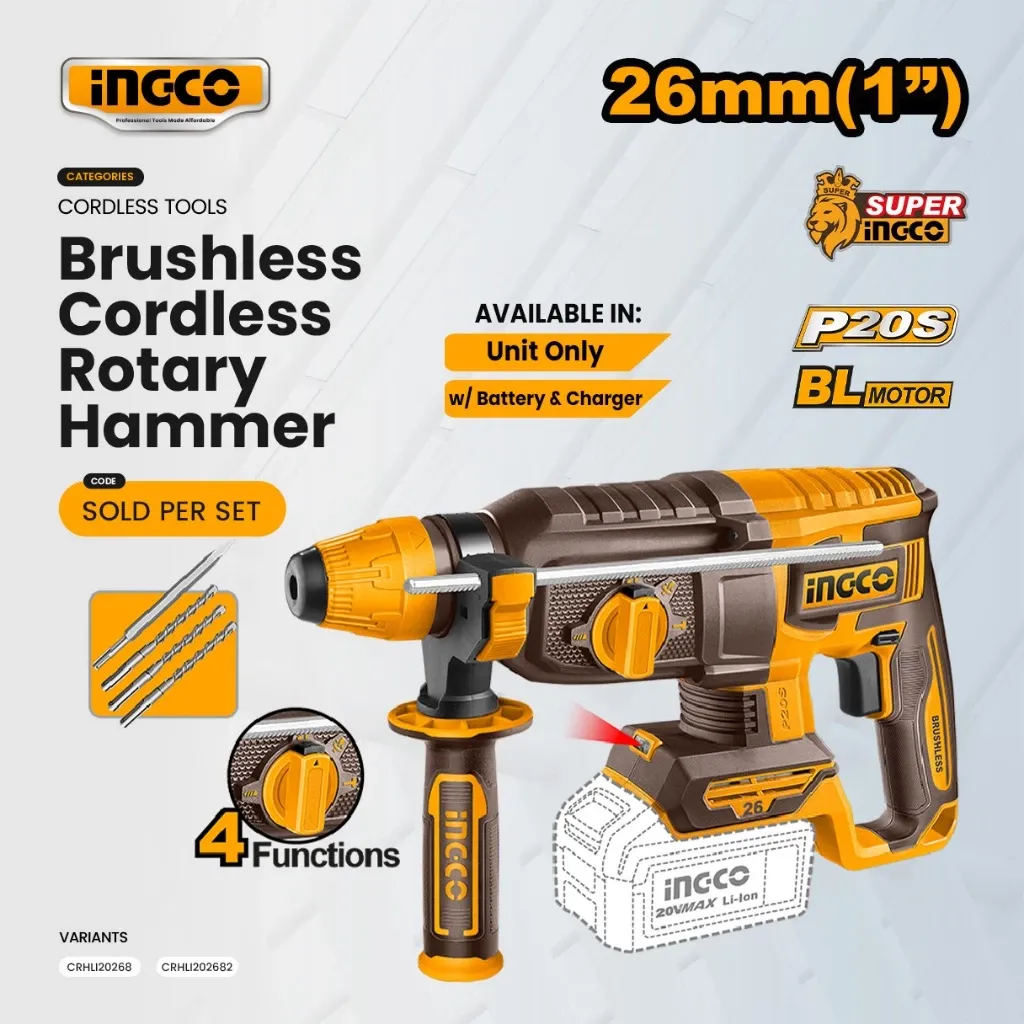 INGCO CRHLI20268 yellow and black 20V brushless cordless SDS Plus rotary hammer, side view
