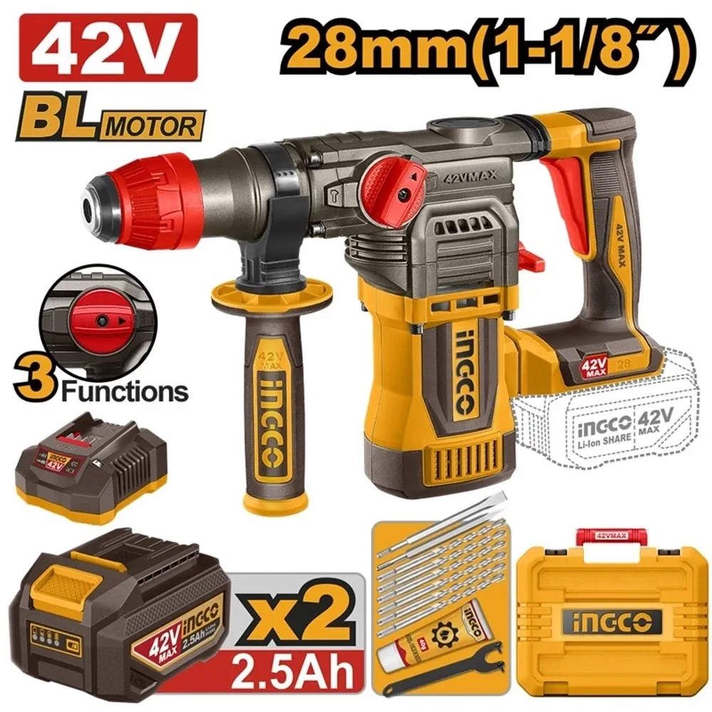 INGCO CRHLI422882 yellow and black 42V cordless brushless rotary hammer with two batteries