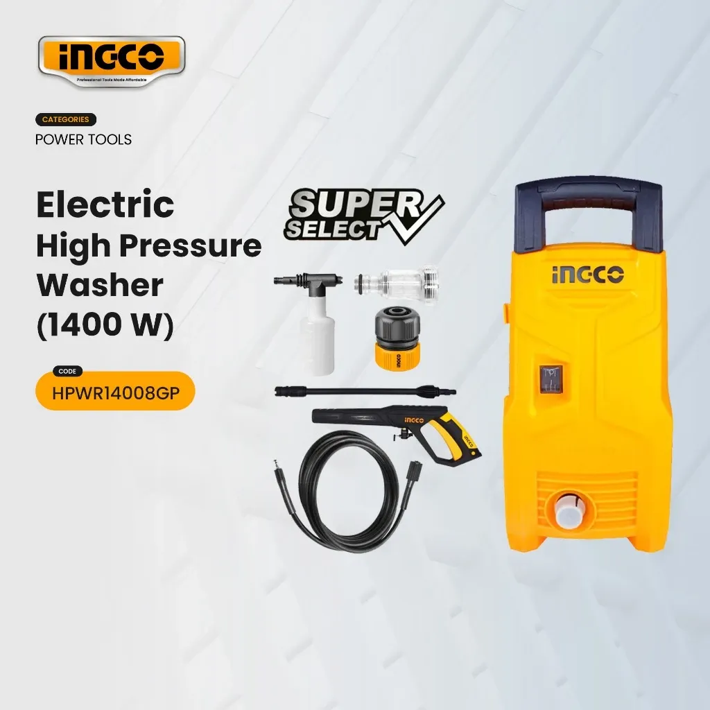 Ingco HPWR14008GP 1400W high pressure washer in yellow and black with spray gun