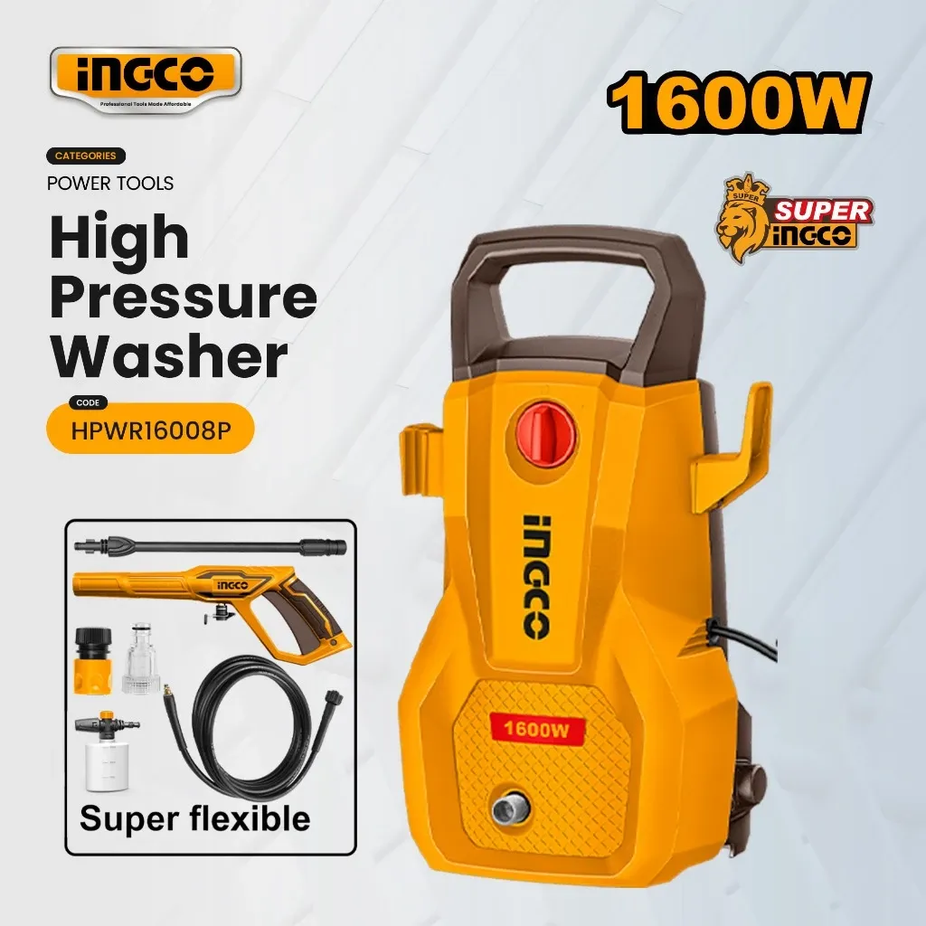 Ingco HPWR16008P 1600W high pressure washer with spray gun and high pressure hose