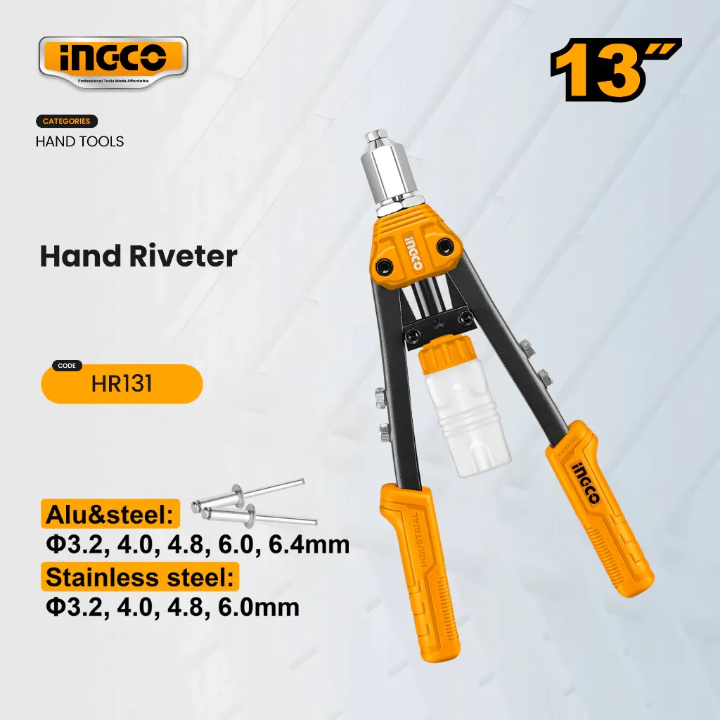 Ingco HR131 13 inch hand riveter in yellow and black with long arms and spare nosepieces