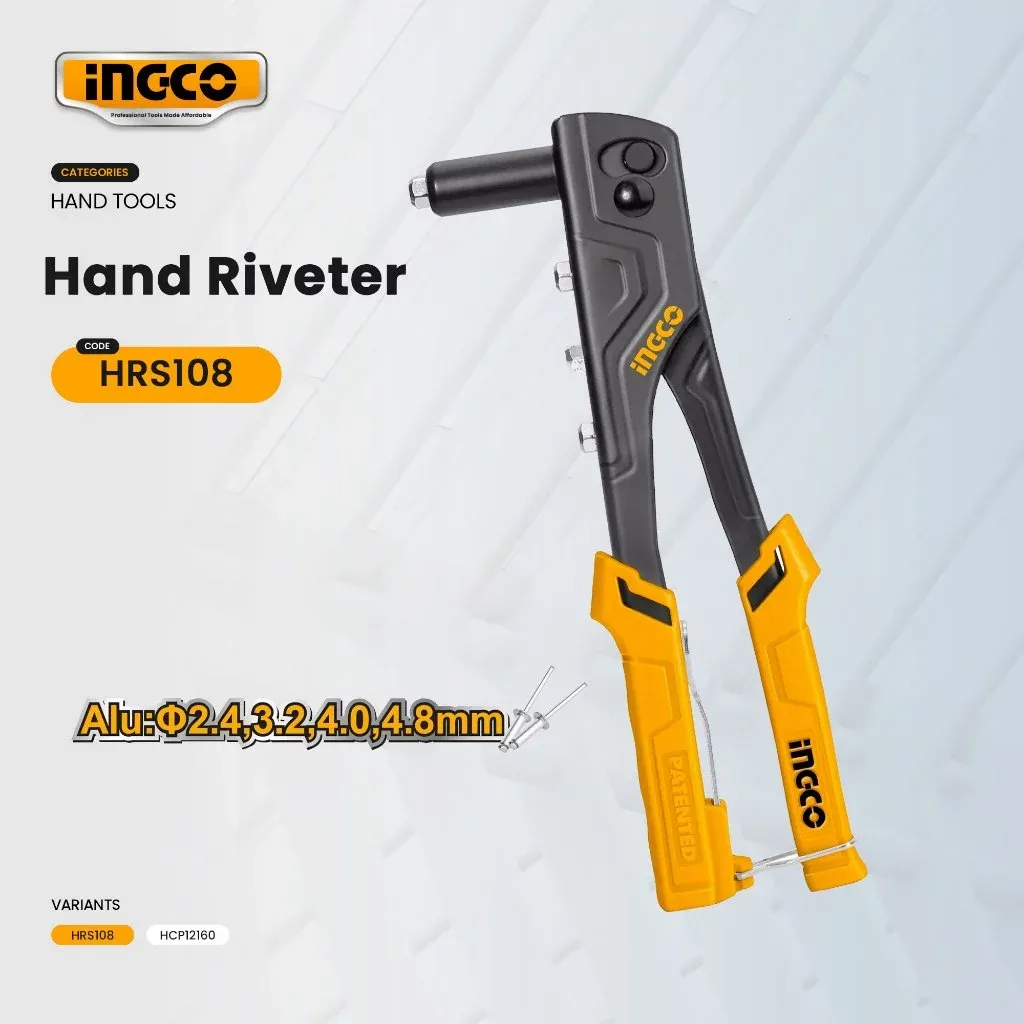 Ingco HRS108 10.5 inch heavy duty hand riveter in yellow and black with four spare nosepieces