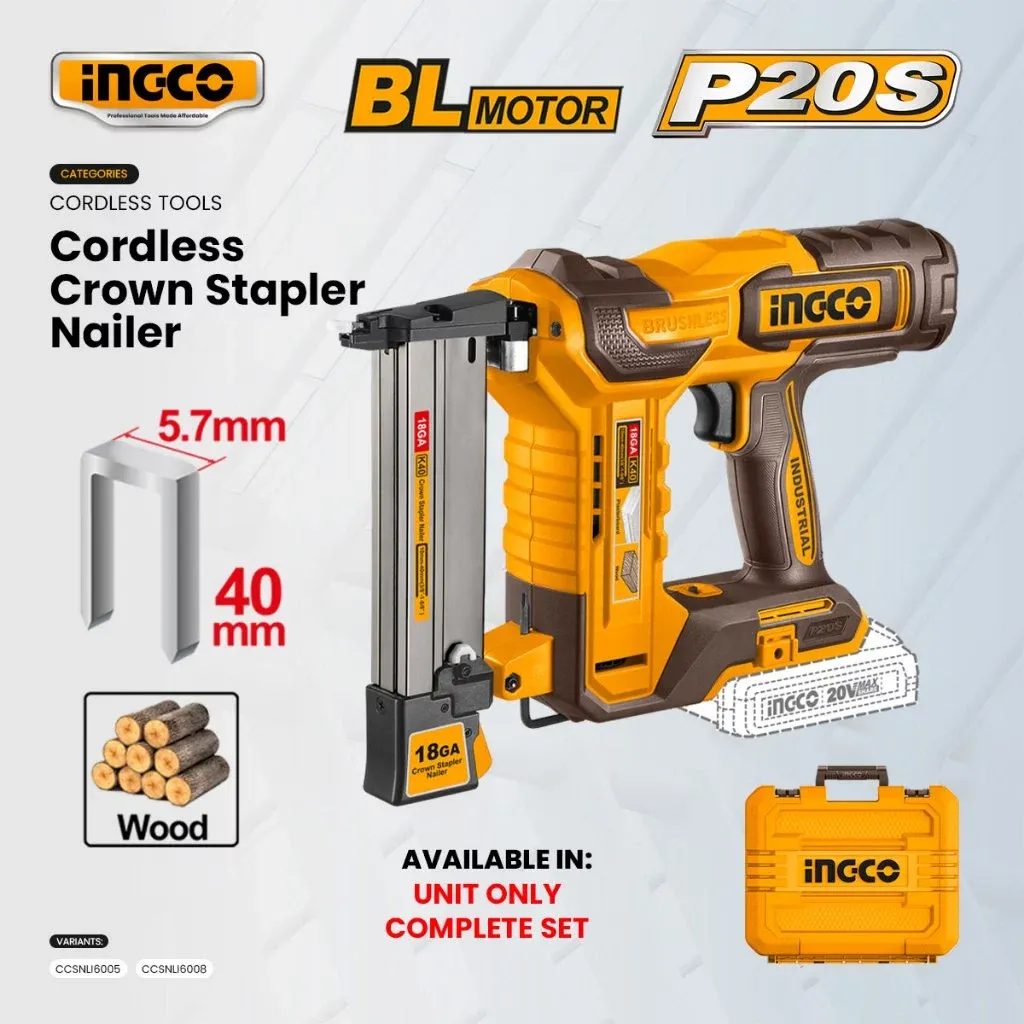 Ingco 20V brushless cordless crown stapler nailer in yellow and brown with a carry case