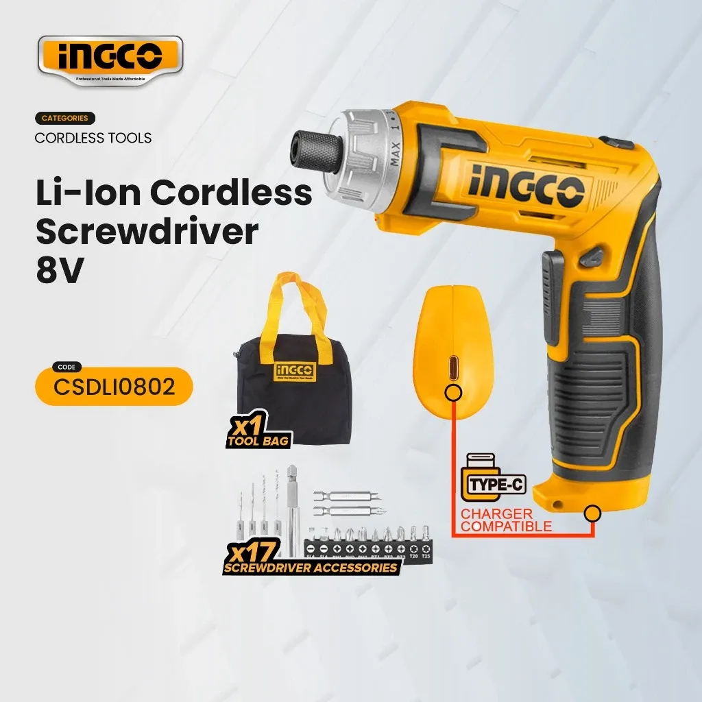 INGCO lithium-ion cordless screwdriver with LED work light and Cr-V bit set