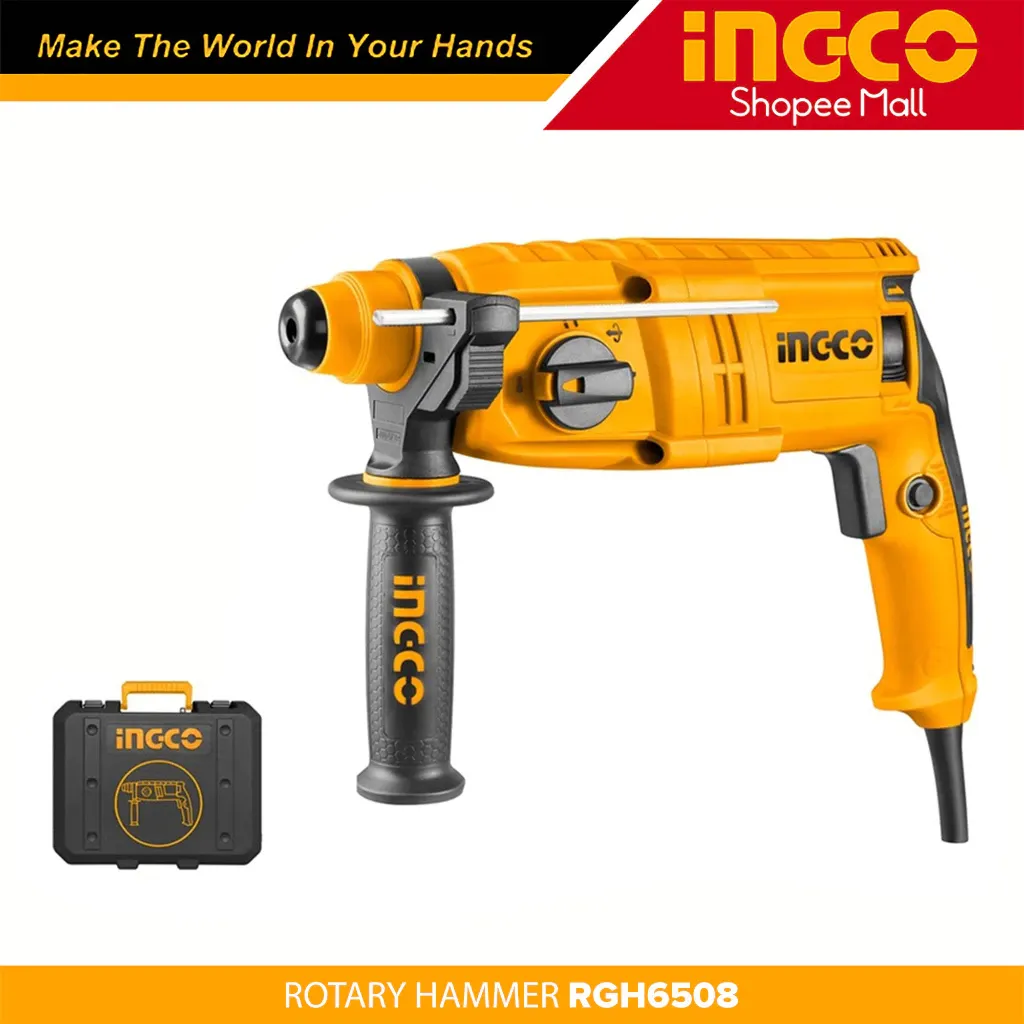 INGCO RGH6528 yellow and black 650W SDS Plus rotary hammer with side handle, side view