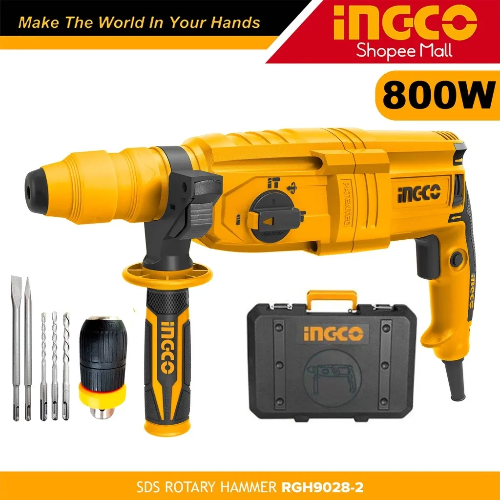 INGCO RGH9028 yellow and black 800W SDS Plus rotary hammer with BMC case and bits