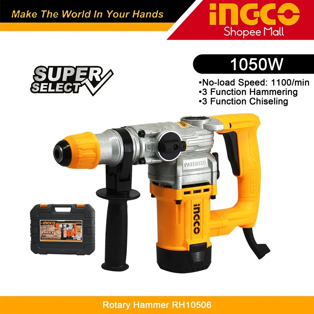 INGCO RH10506 yellow and black 1050W SDS Plus rotary hammer with drills, chisels and wrench