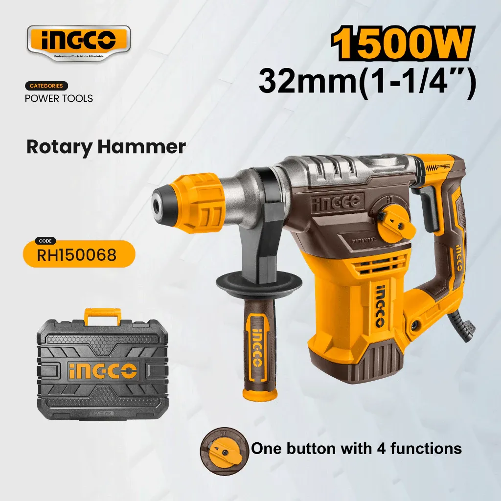 INGCO RH150028 yellow and black 1500W SDS Plus rotary hammer with drills and chisels