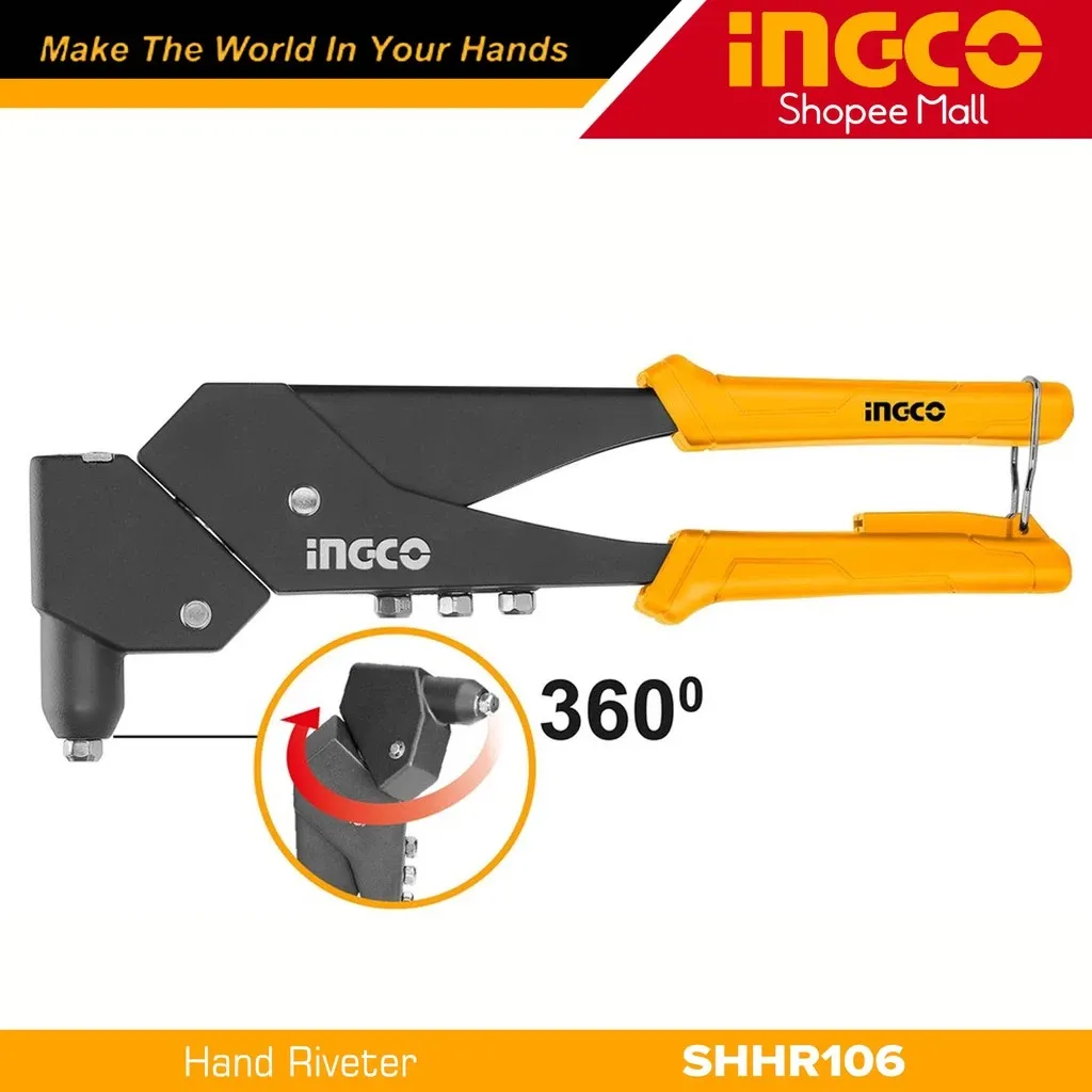 Ingco SHHR106 360 degree swivel head hand riveter in yellow and black, showing the rotating nose head