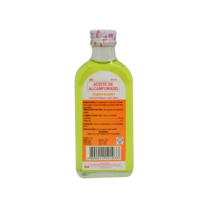 IPI Aceite de Alcamforado Rubefacient 50mL bottle of yellow camphor oil with its white and blue label, front view