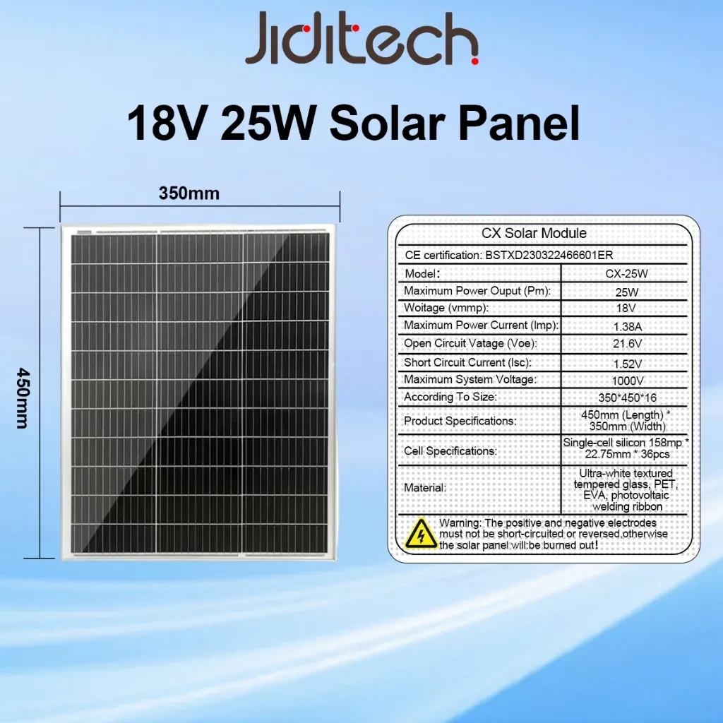 Jiditech CX-25W 18V monocrystalline solar panel with aluminum frame, front view