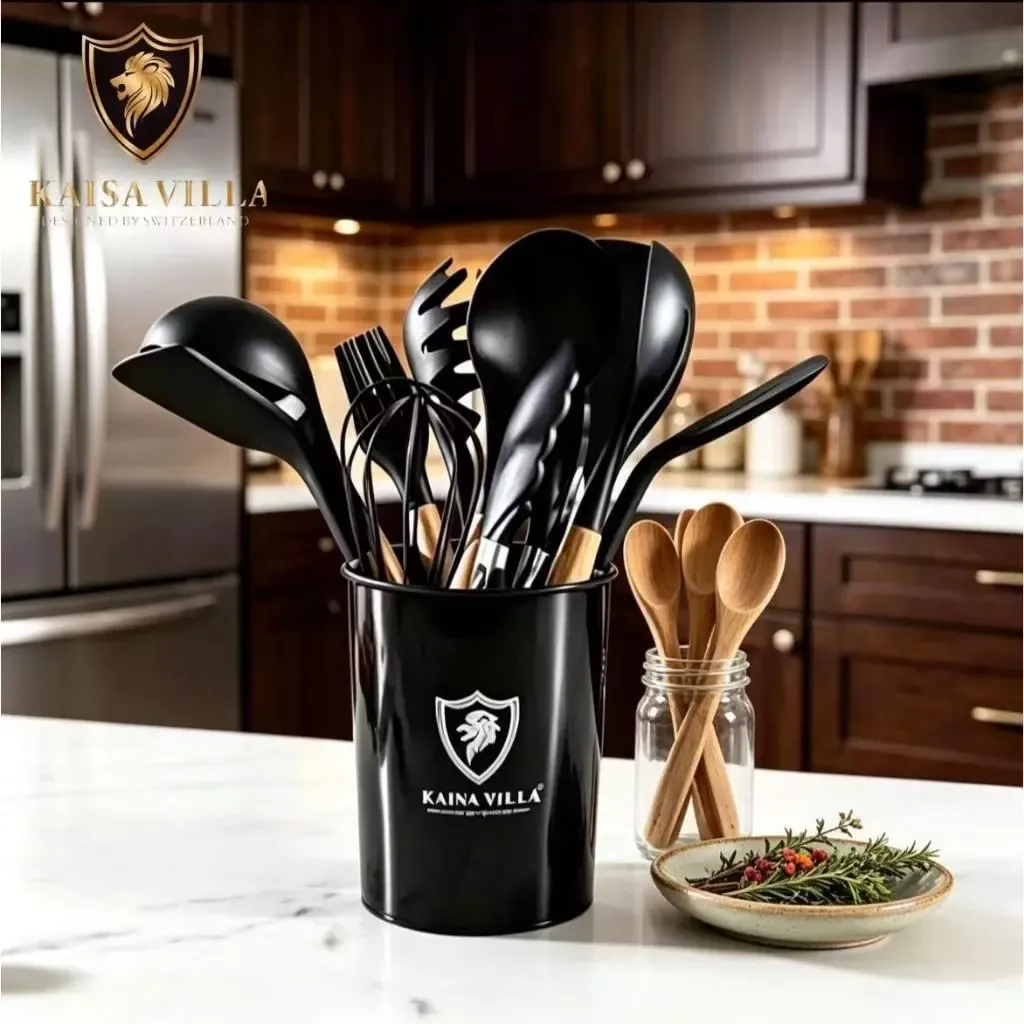 Kaisa Villa twelve-piece black silicone utensil set with wooden handles in a black cylinder holder