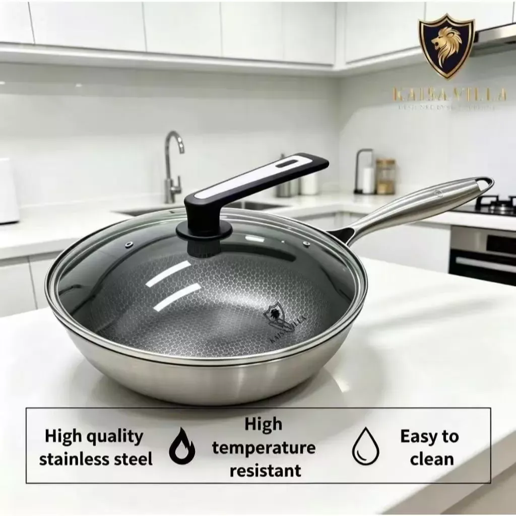 Kaisa Villa 32cm stainless steel honeycomb wok with glass lid, front view