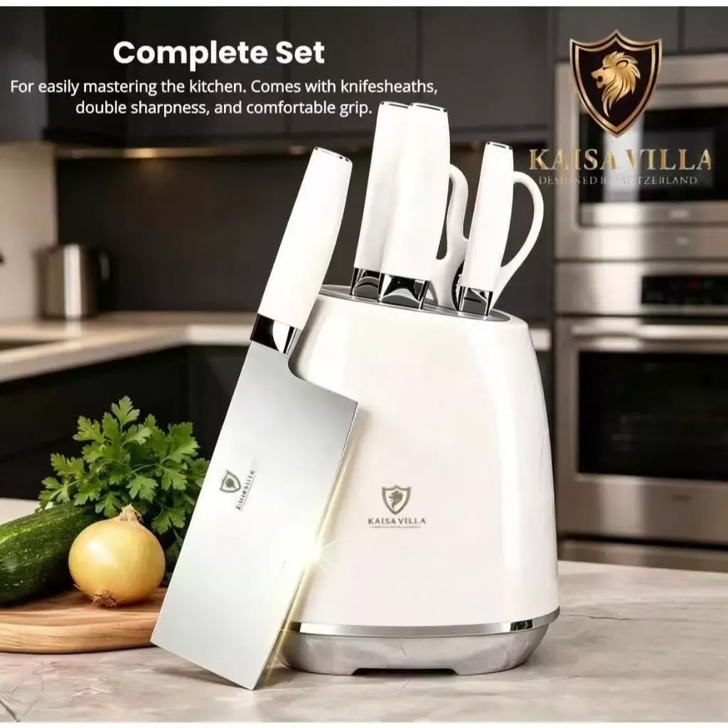 Kaisa Villa KV-9932 6-piece white-handled knife set in a white rounded block