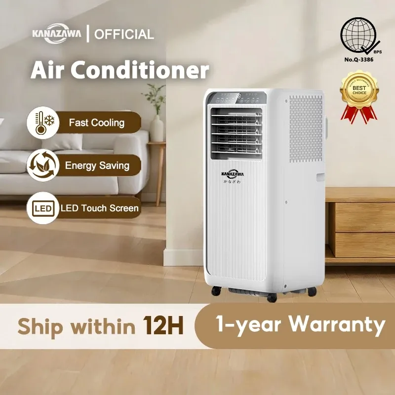 KANAZAWA 1HP portable air conditioner, a white upright unit with an LED touch panel and castor wheels, shown in a living room