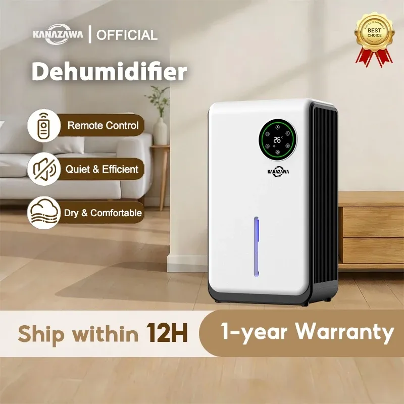 KANAZAWA compact dehumidifier, white and black unit with circular LED humidity screen, in a living room