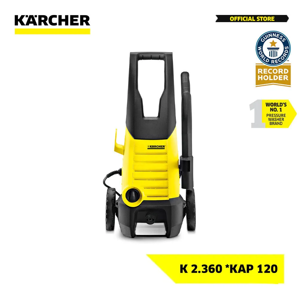 Karcher K 2.360 pressure washer in yellow and black with wheels, spray gun and hose