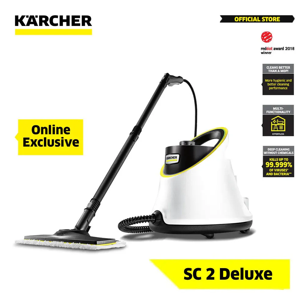Kärcher SC 2 Deluxe steam cleaner in white and yellow with hose and nozzles, front view