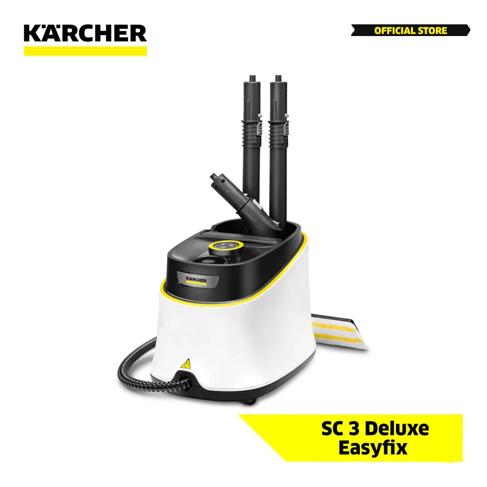 Kärcher SC 3 Deluxe EasyFix steam mop in white and yellow with floor nozzle, side view