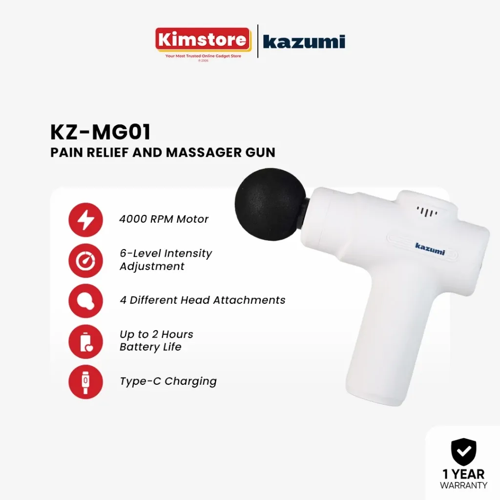 Kazumi KZ-MG01 massager gun in charcoal black with Type-C charging cable and four heads