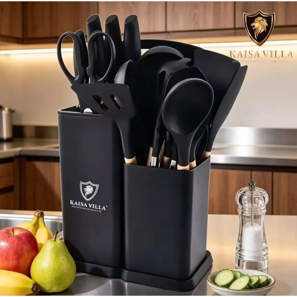 Kaisa Villa black silicone utensil set with knives and kitchen shears in a two-compartment knife block