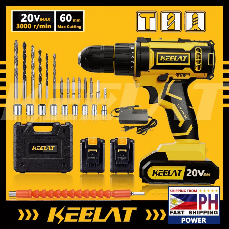 KEELAT KCD003 20V cordless drill set with two batteries, charger, drill bits, sockets, flexible shaft and case