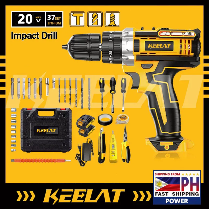 KEELAT KCD005 cordless drill set with two batteries, drill bits and carrying case