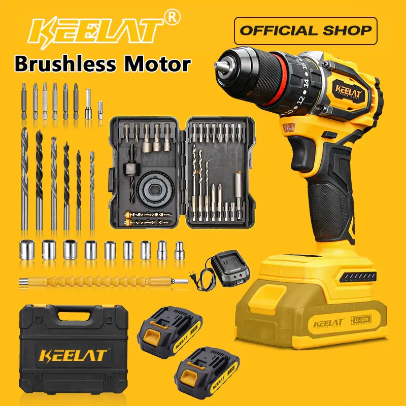 KEELAT KCD011 brushless cordless impact drill with two batteries, charger, bit and socket set, flexible shaft and case