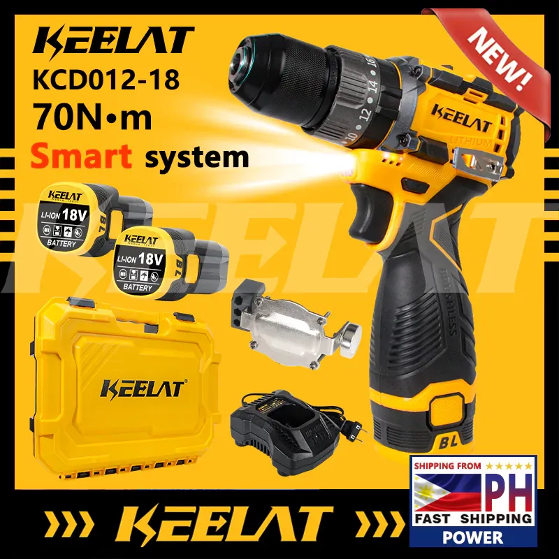 KEELAT KCD012-18 18V brushless cordless impact drill with two 18V batteries, charger, attachment and case