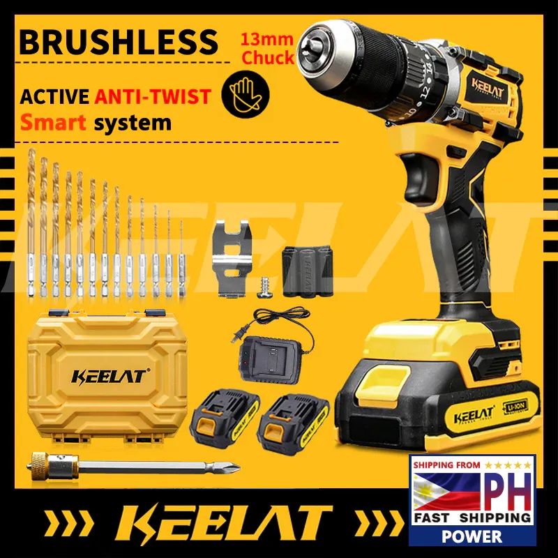 KEELAT KCD012 20V brushless cordless impact drill kit with 13mm metal chuck and bits
