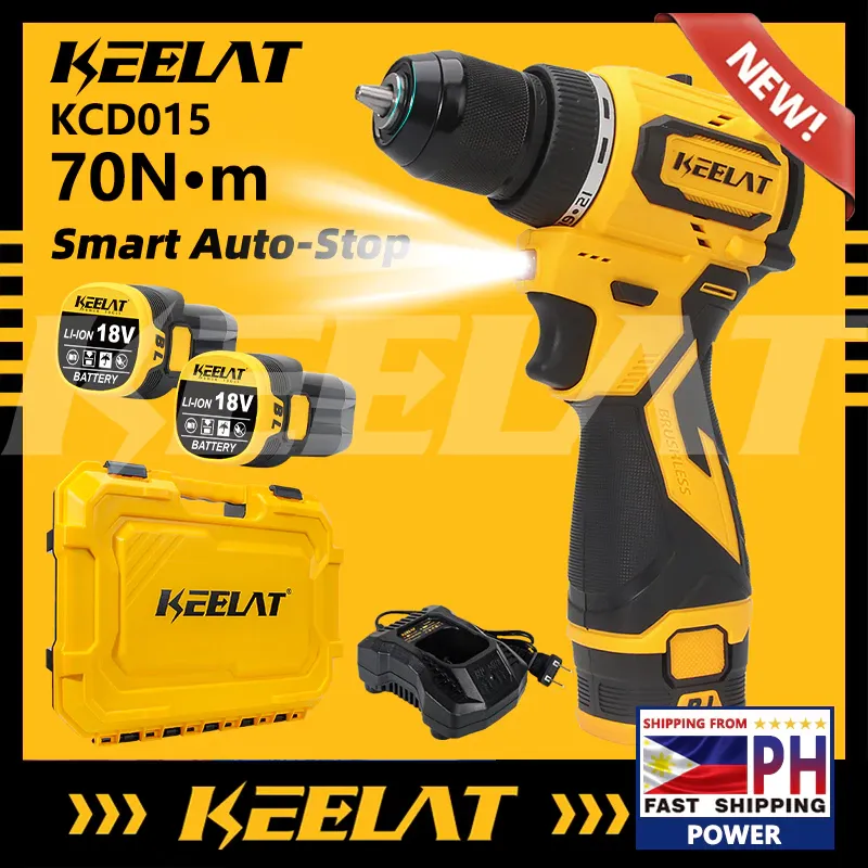 KEELAT KCD015 18V brushless cordless drill in yellow and black with two 18V batteries, charger and case