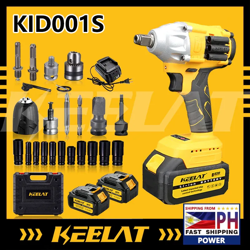 KEELAT KID001S cordless brushless impact wrench with two batteries, ten impact sockets, drill chuck adapters and case