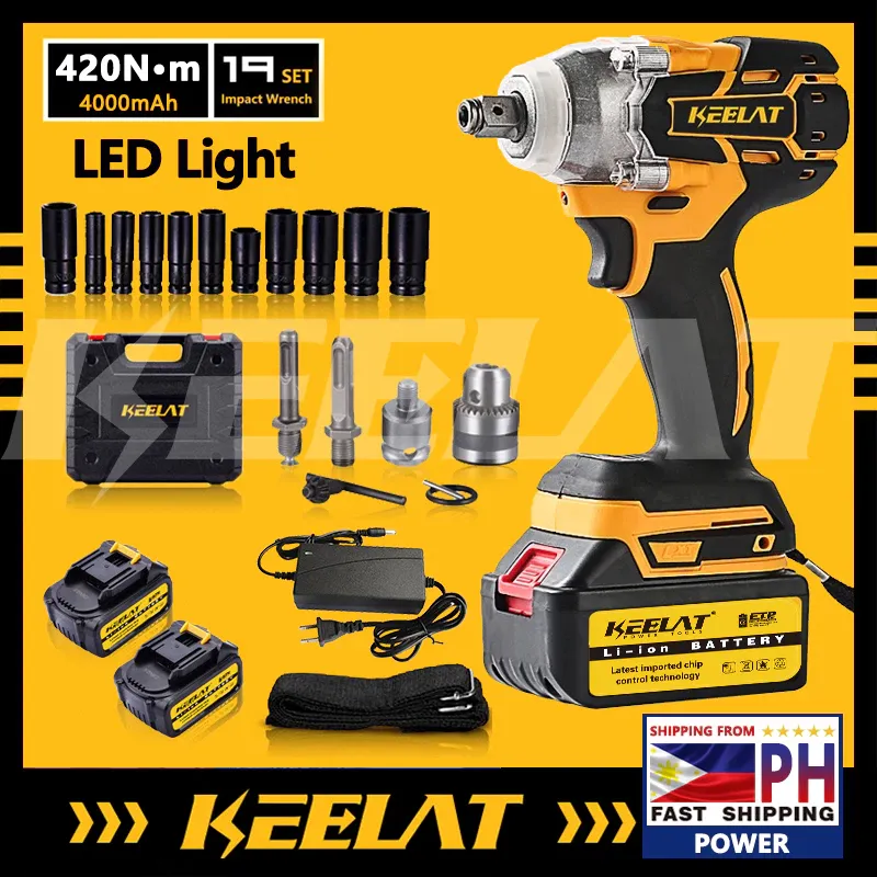 KEELAT KID004 cordless brushless impact wrench with two 4,000mAh batteries, ten impact sockets, adapters and case