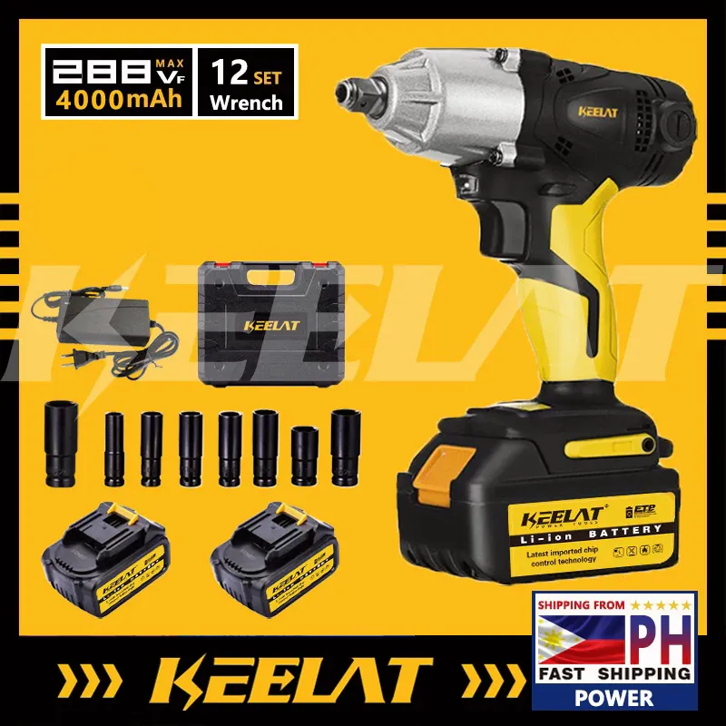 KEELAT KID005 cordless impact wrench gun with two 4,000mAh batteries, eight impact sockets, charger and case