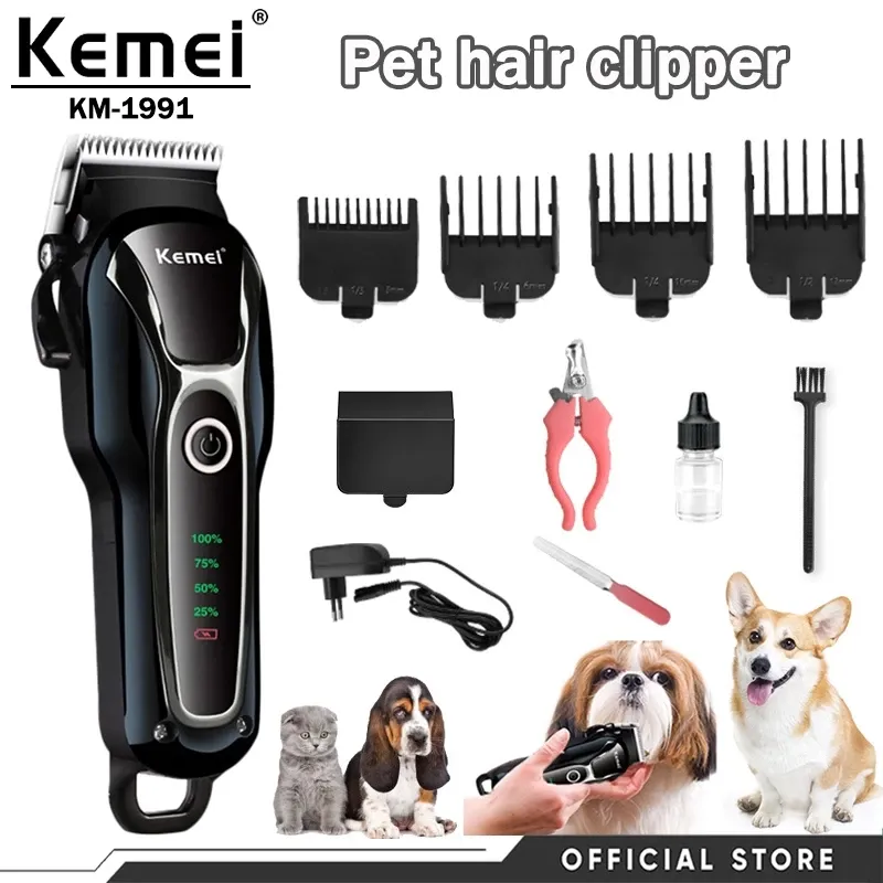 Kemei KM-1991 rechargeable pet hair clipper with LED battery display and guide combs