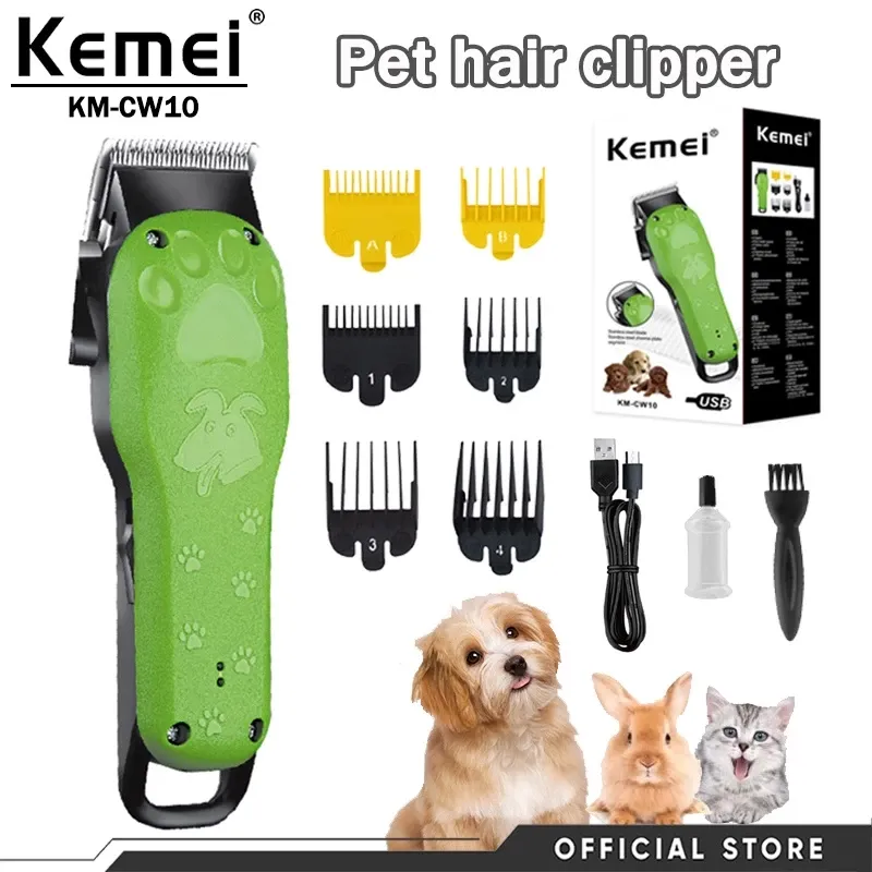Kemei KM-CW10 cordless rechargeable pet hair clipper with attachment combs, shown with USB cable