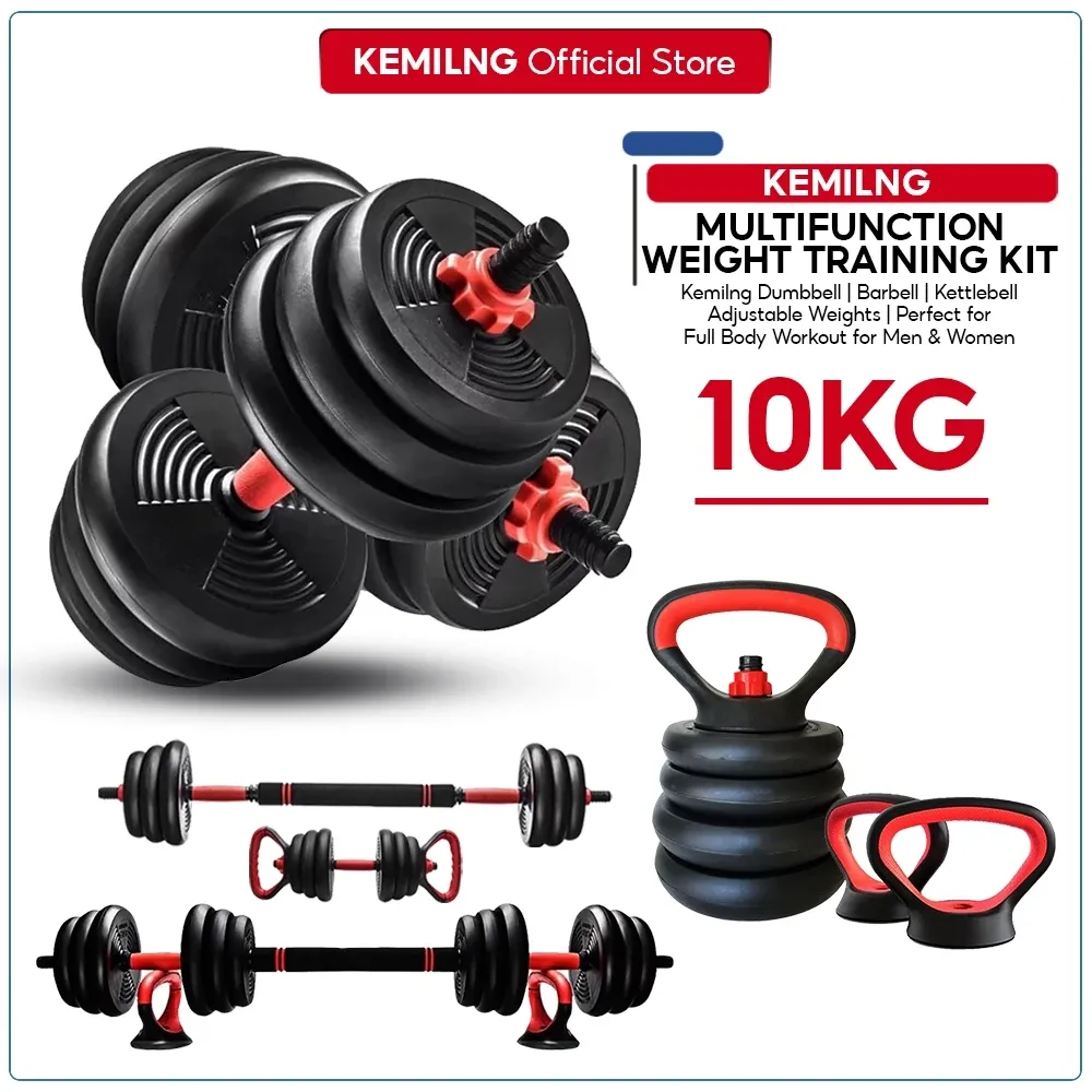 Kemilng 10kg convertible dumbbell, barbell and kettlebell set with push-up bars