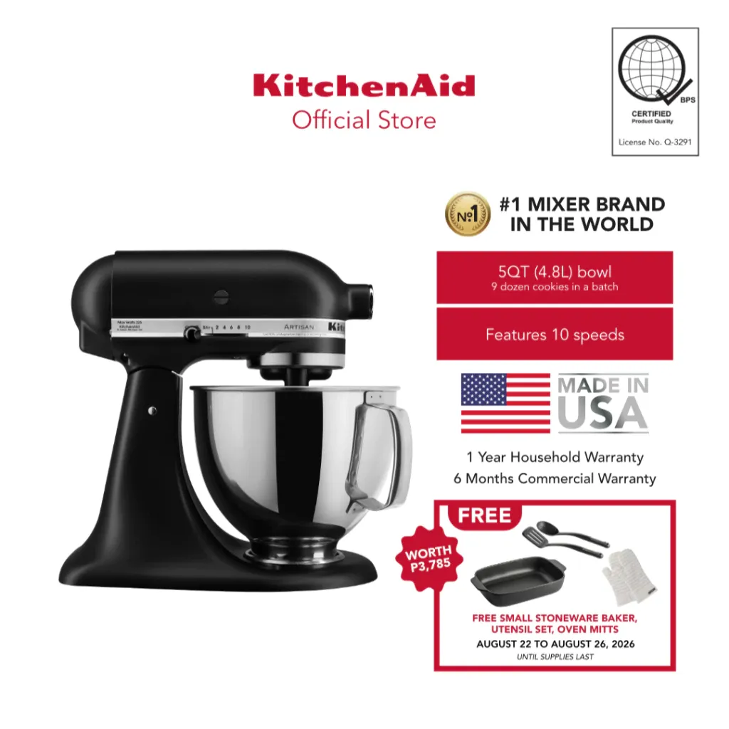 KitchenAid Artisan 5KSM150 4.8L tilt-head stand mixer, front view