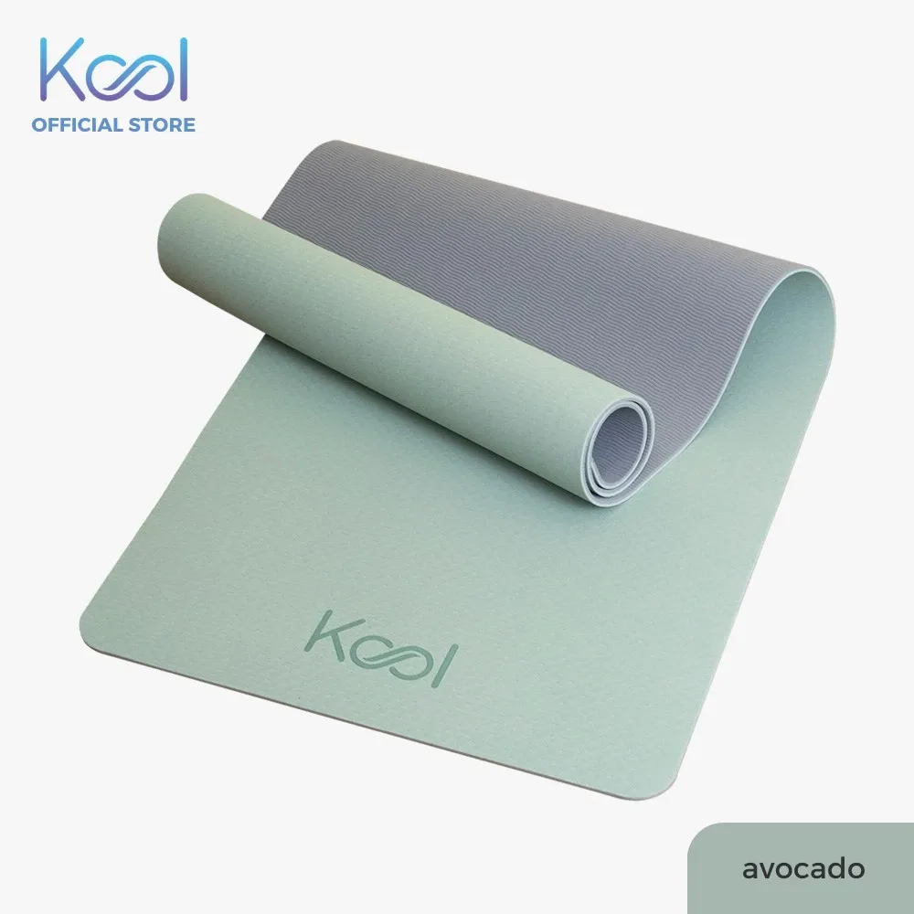 Kool 6mm TPE non-slip yoga mat in avocado green, rolled out