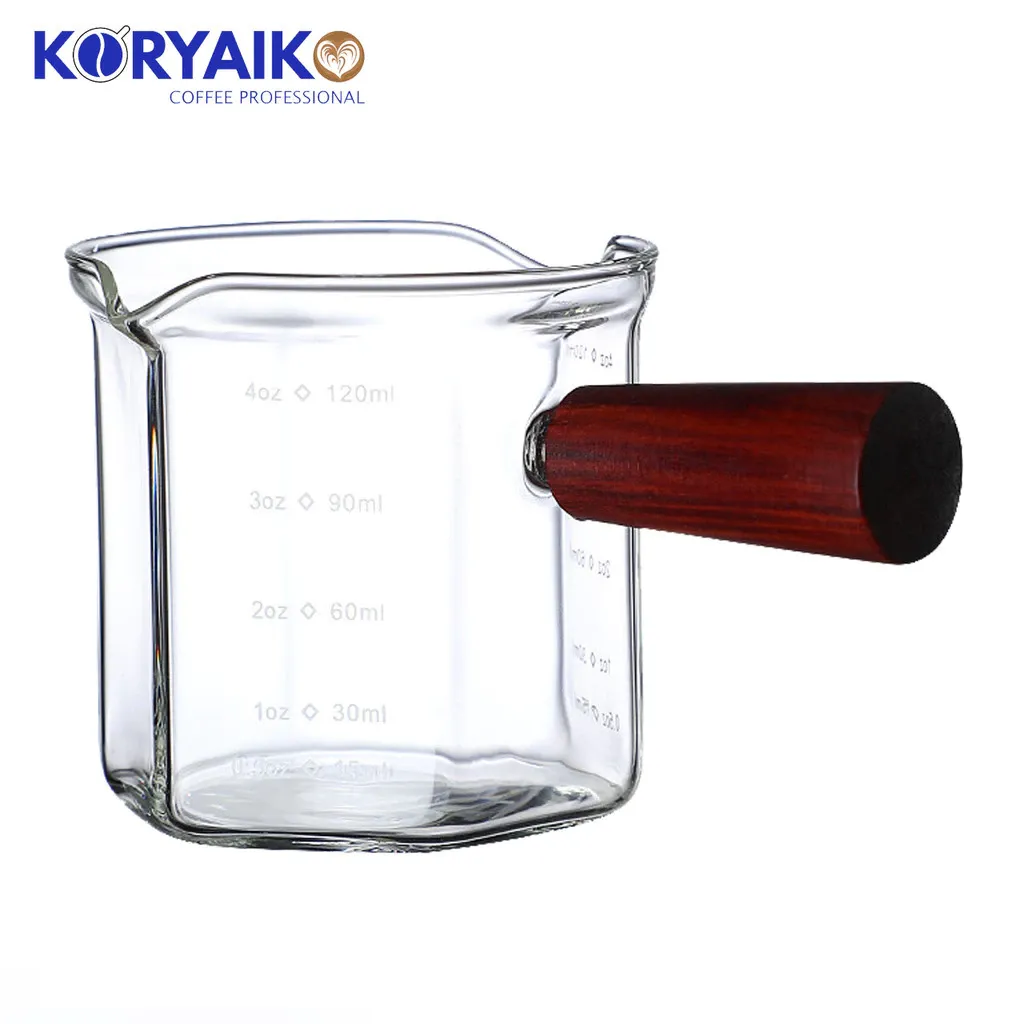 Koryaiko 120ml Glass Espresso Measuring Cup with Wooden Handle, product view