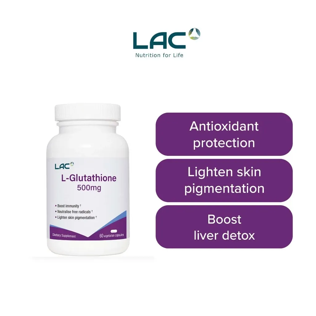 LAC L-Glutathione 500mg vegicap bottle, 60-count, front view