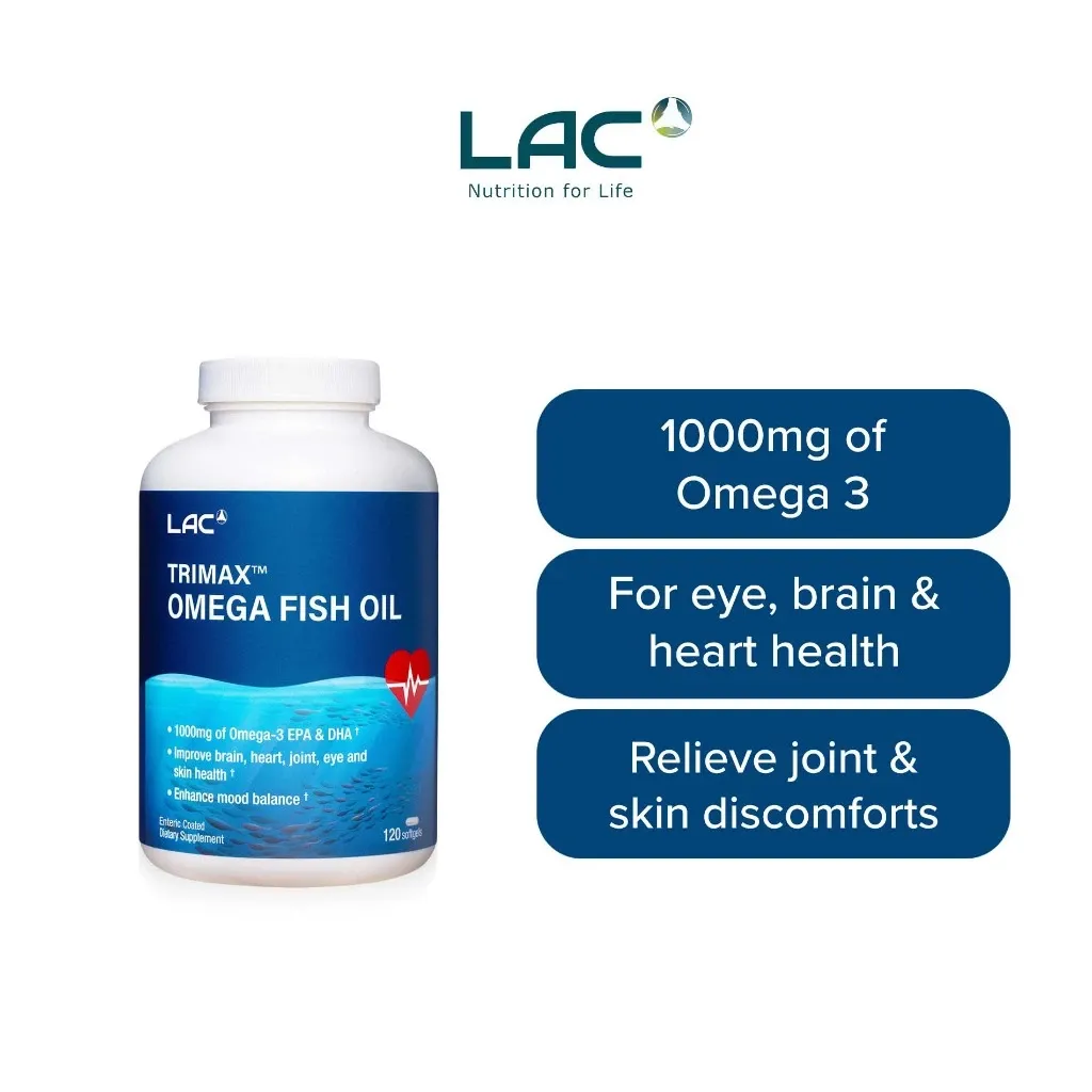 LAC Trimax Omega fish oil EC bottle of 120 enteric coated softgels