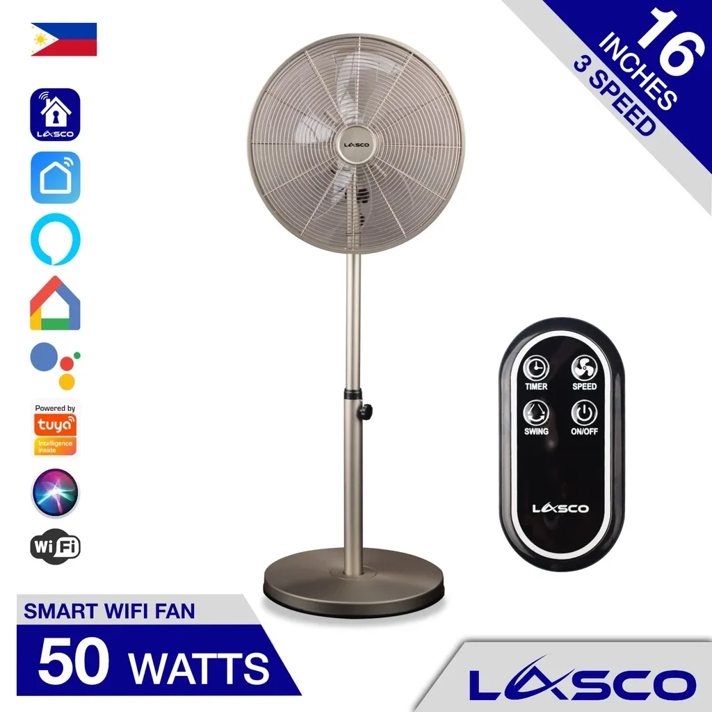 Lasco smart WiFi pedestal stand fan in brushed stainless steel