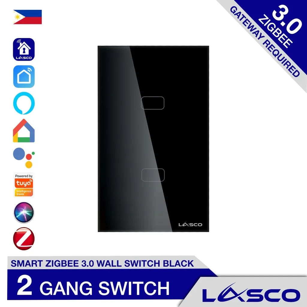 Lasco Zigbee 3.0 two gang smart touch light switch in black glass
