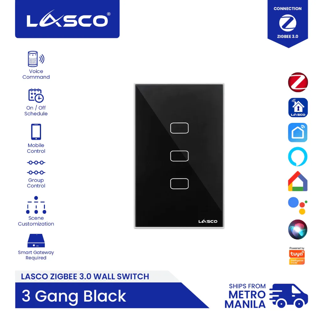 Lasco Zigbee 3.0 three gang smart touch light switch in black glass