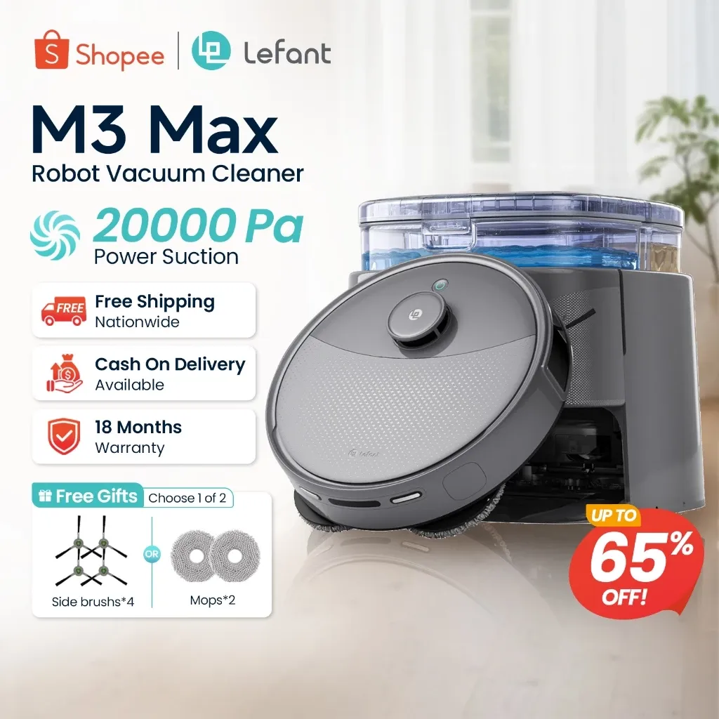 Lefant M3 Max robot vacuum beside its tall white self-cleaning dock