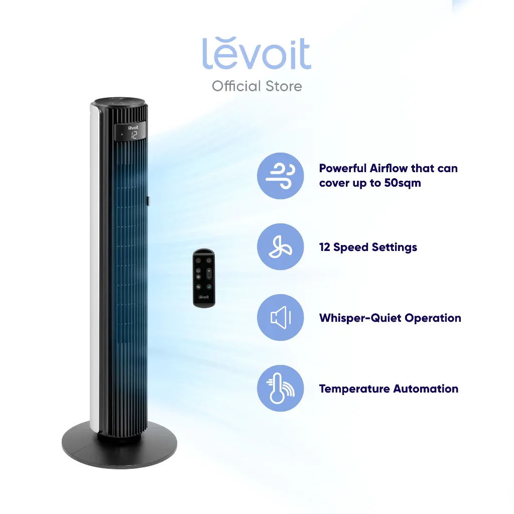 Levoit 42-inch black and white tower fan on a round base, shown with its remote control, front view