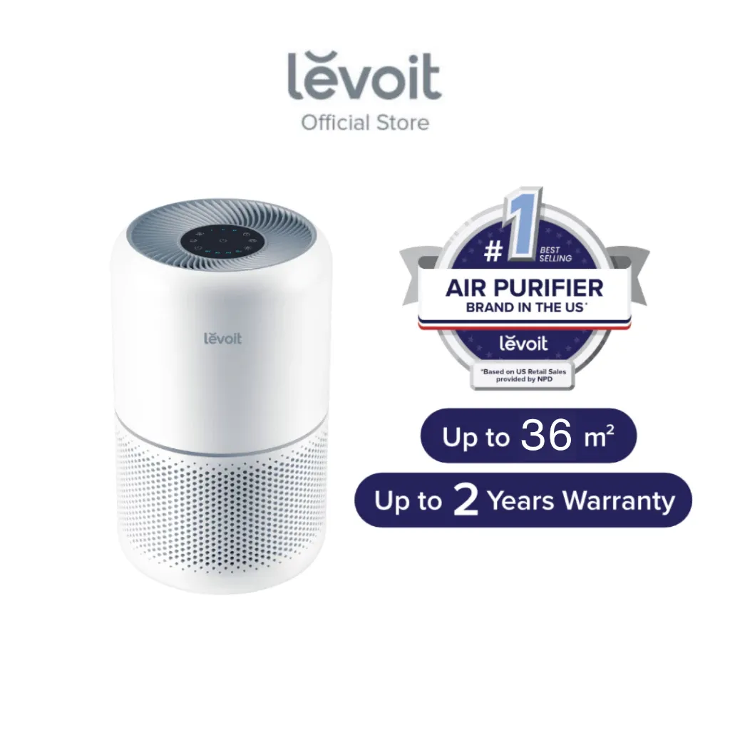 Levoit Core 300 air purifier, white cylindrical unit with grey top vent and touch controls, front view