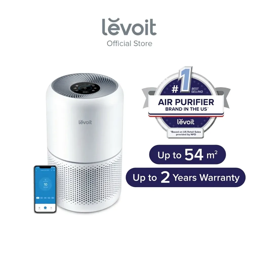 Levoit Core 300S smart air purifier, white cylindrical unit with grey top vent, shown beside its phone app