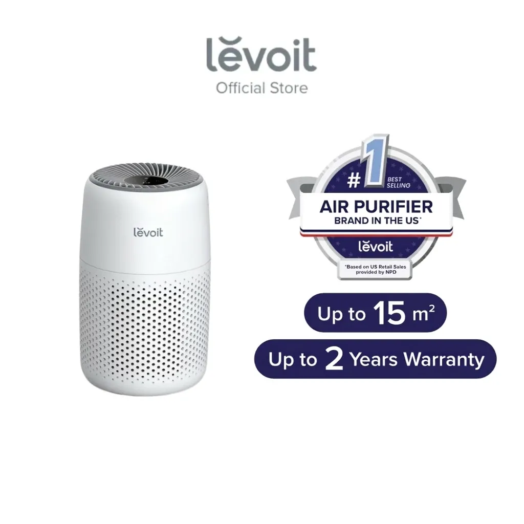 Levoit Core Mini air purifier, small white cylindrical desktop unit with grey top vent, front view
